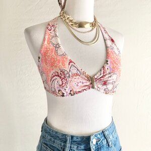 Retro Victoria's Secret Paisley Bikini Top Coral Peach Halter Neck Size M